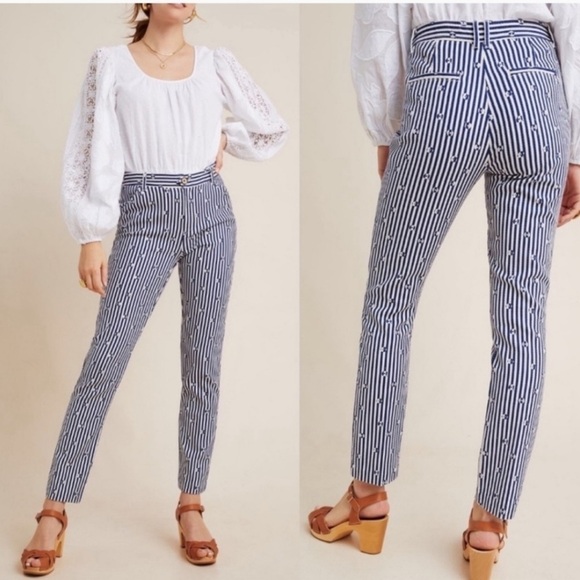 ANTHROPOLOGIE Navy White Floral The Essential Slim Straight Leg Pants Size 0 - Picture 1 of 6